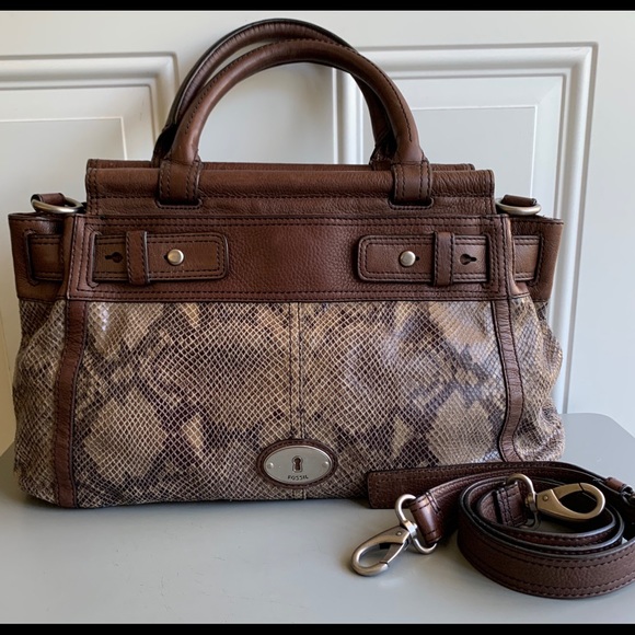 Fossil Handbags - NWOT Fossil Snakeskin Brown Leather Satchel Purse